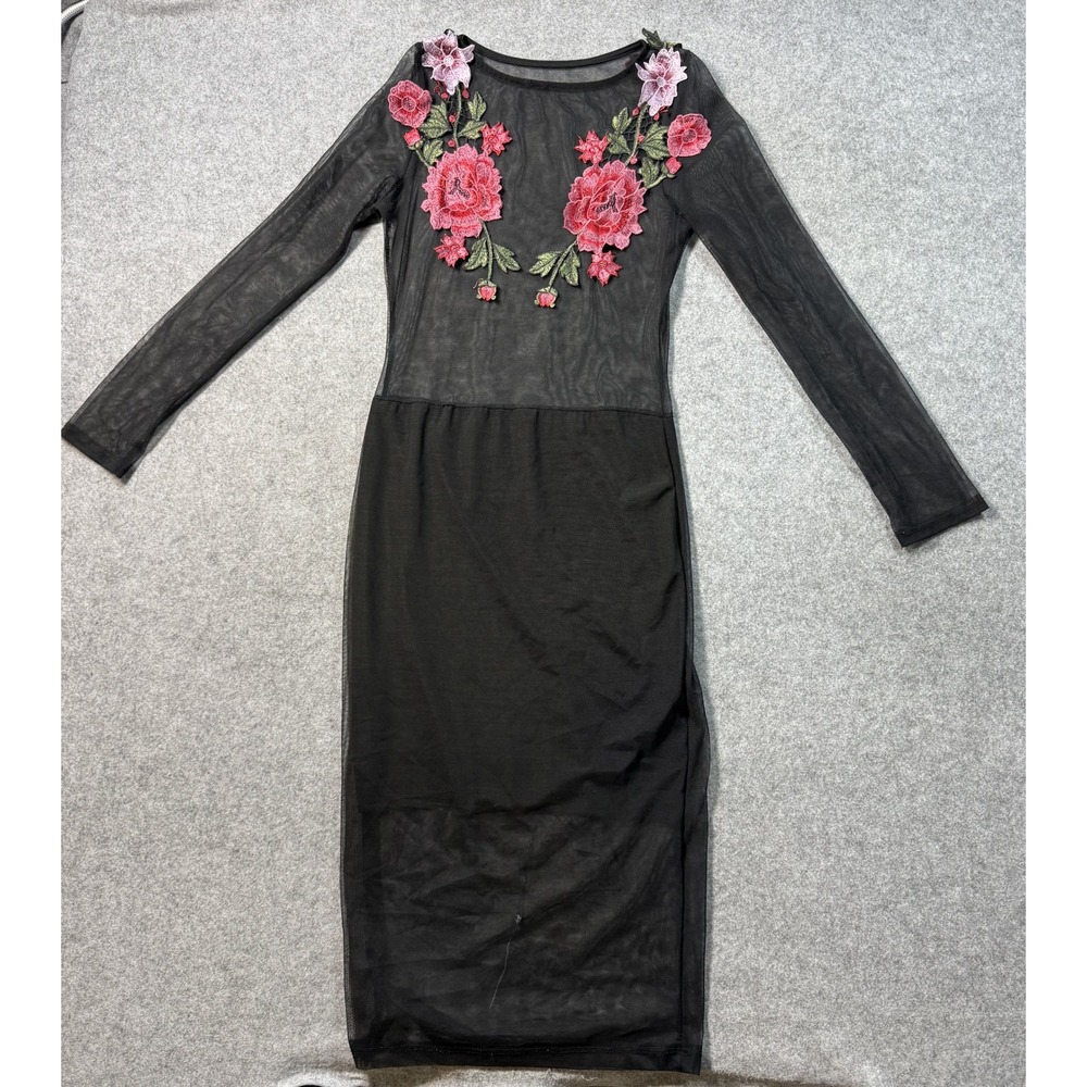 Codigo Womens Floral Embroidered Mesh Midi Dress Large Black Sheer Bodycon